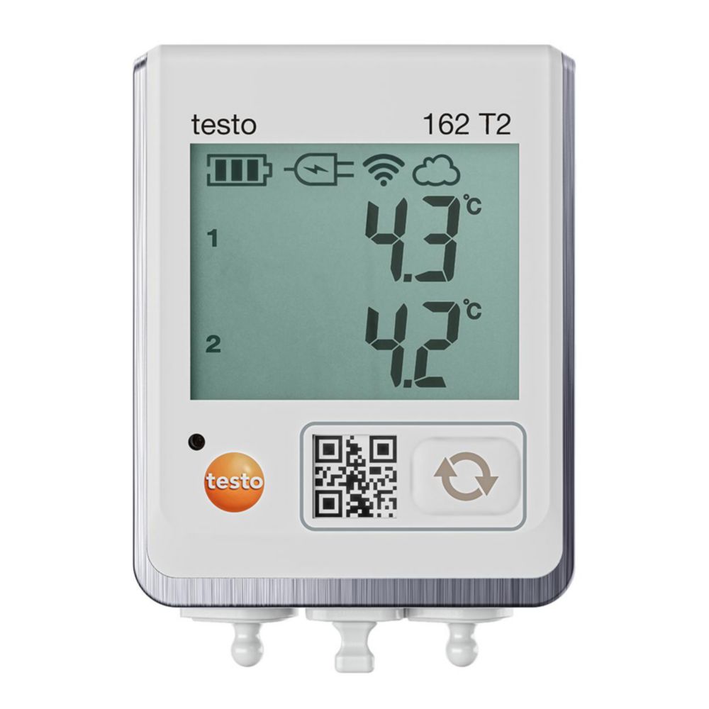 Online temperature data logger testo 162 T2, with two connections for NTC temperature sensors