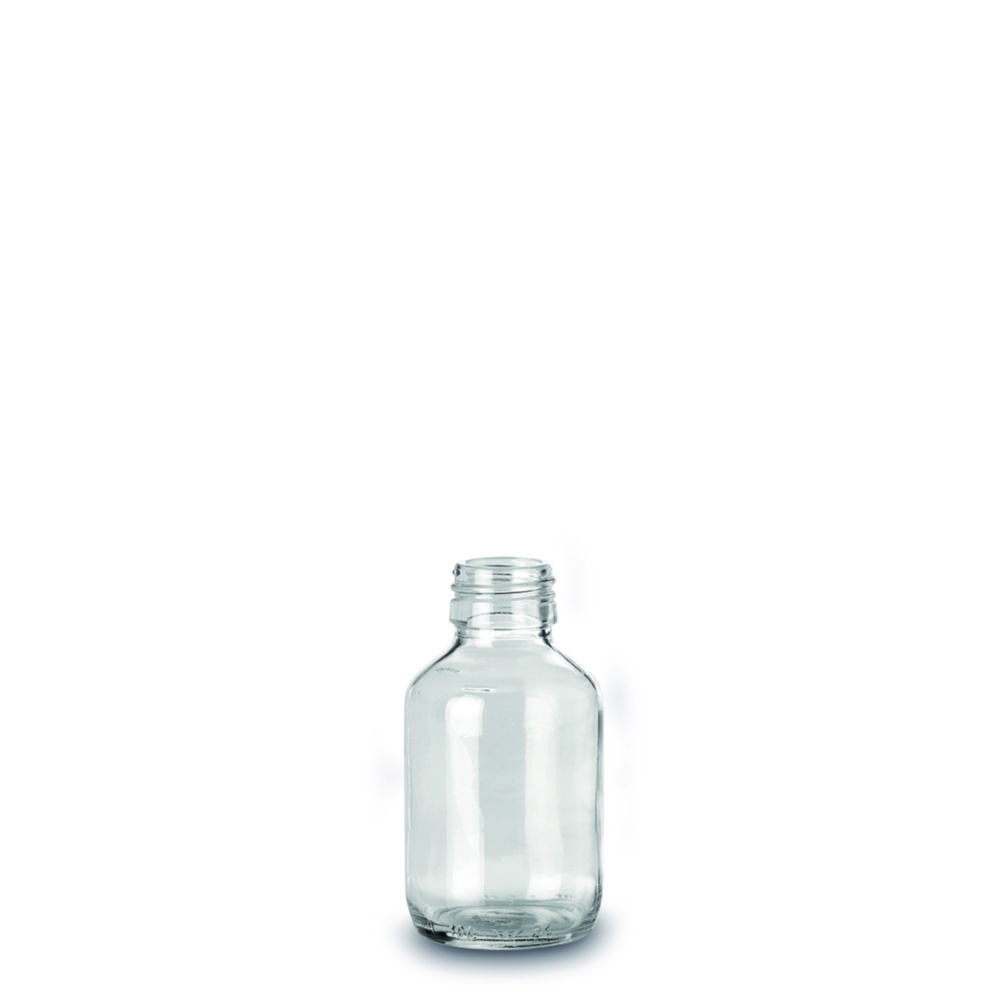 Narrow-mouth bottles, soda-lime glass, clear, PP 28