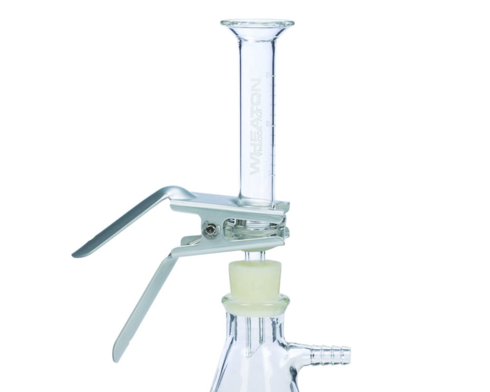 Appareils de filtration avec fritte en verre, avec pince en aluminium anodisé et bouchon en silicone