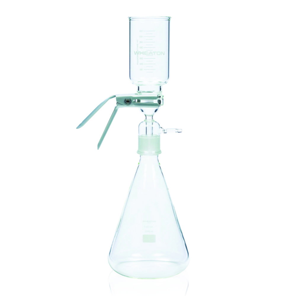 Appareils de filtration avec support de filtre en acier inox, avec pince en aluminium anodisé et raccord rodé NS40/35