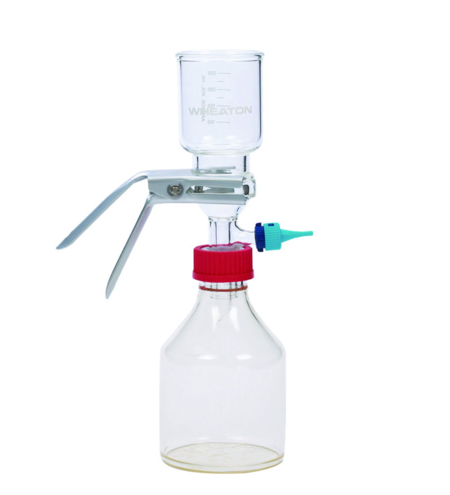 Appareils de filtration avec fritte en verre, avec pince en aluminium anodisé et raccord vissé GL45