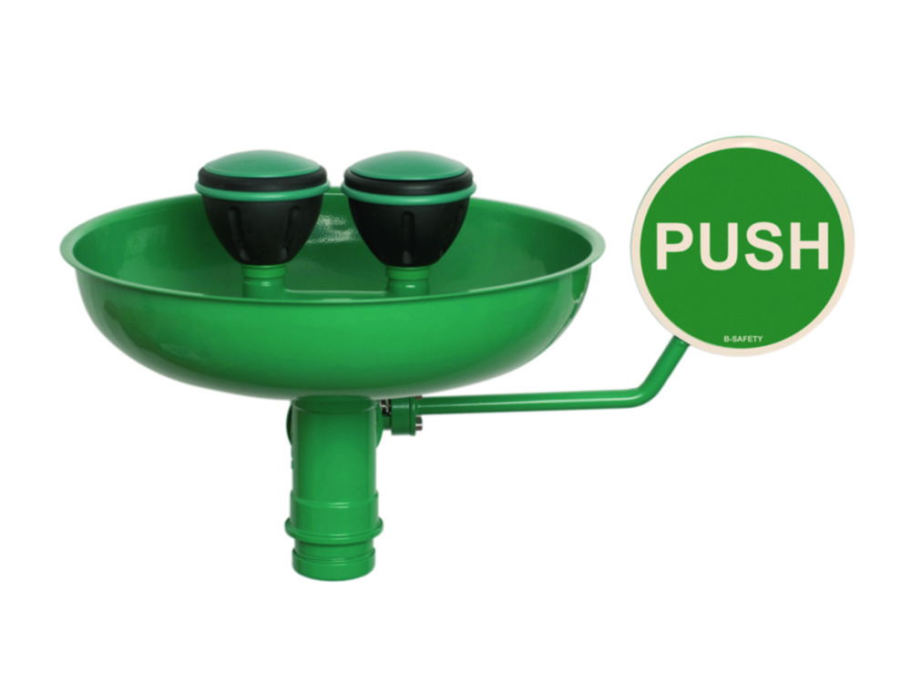 Sicherheits-Augenduschen mit zwei Brauseköpfen, mit Auffangbecken für Wandmontage Aufputz