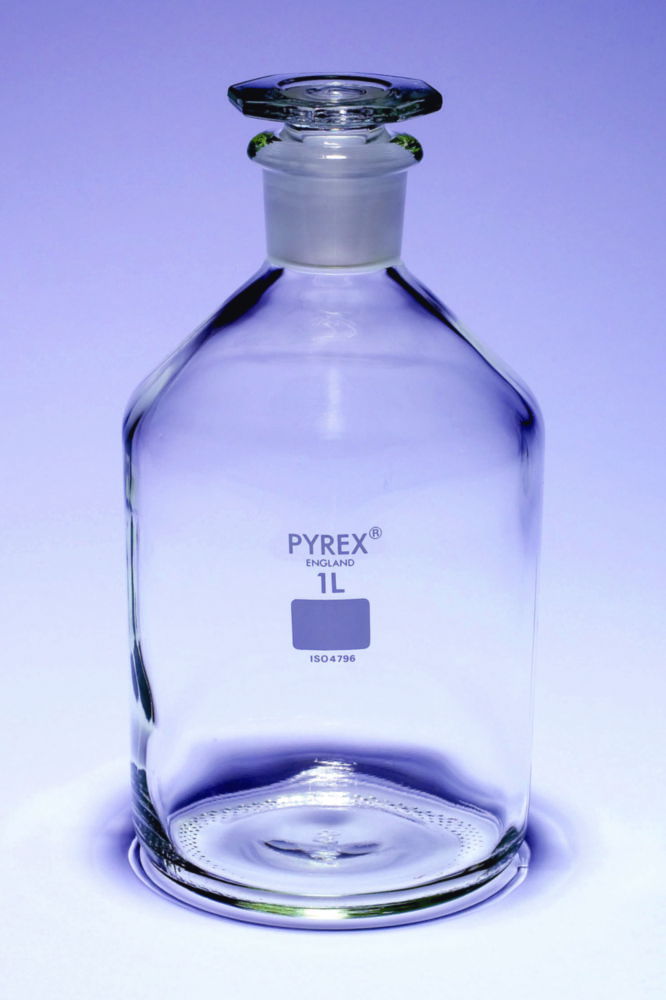Пляшки для реактивів, вузькогорлі, зі скляною пробкою, Pyrex®, 29/32, 111 мм