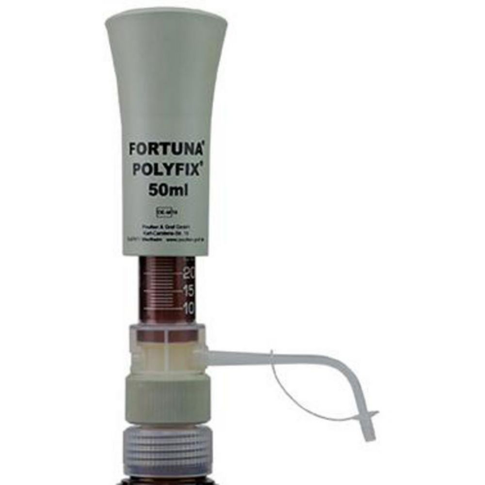 Dispensers, bottle-top, POLYFIX®, with amber dosing cylinder and glass piston