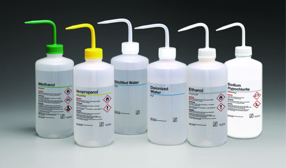 Промивалки, що відповідають вимогам безпеки СГС (GHS) Nalgene™, LDPE, 500 мл, Дистильована вода, ПП, натуральний, 500 мл