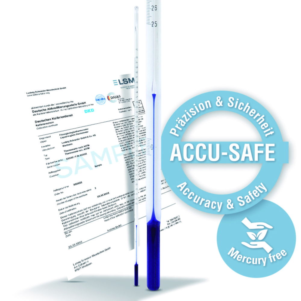Präzisions-Thermometer ACCU-SAFE, ähnl. ASTM, Celsiusskala, Stabform, mit DAkkS-Kalibrierzertifikat