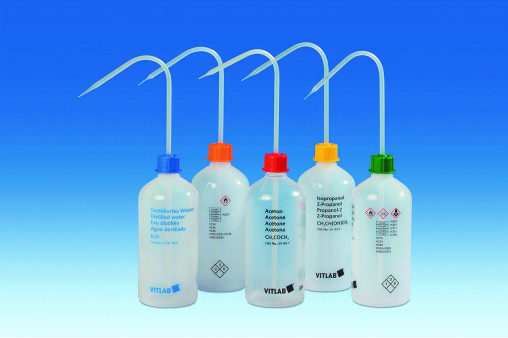 Безпечні промивалки з вузькою горловиною VITsafe™ з маркуванням, PP/LDPE, LDPE, 25 GL, жовтий кришка, Ізопропанол, 500 мл