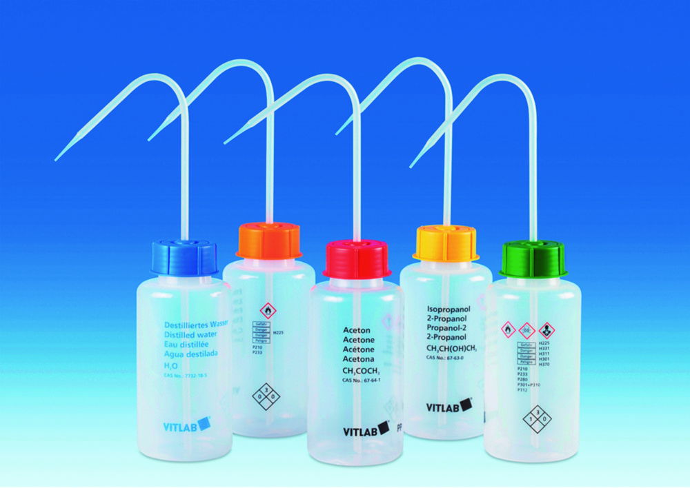Безпечні промивалки з широкою горловиною VITsafe™ з маркуванням, PP/LDPE, LDPE, 45 GL, Оцтова кислота, червоний кришка, 500 мл