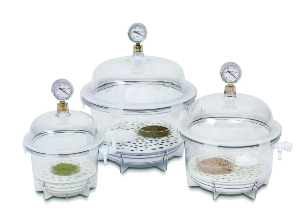 LLG-Vakuumexsikkator, Polycarbonat, runde Form, "Heavy Duty", mit Manometer