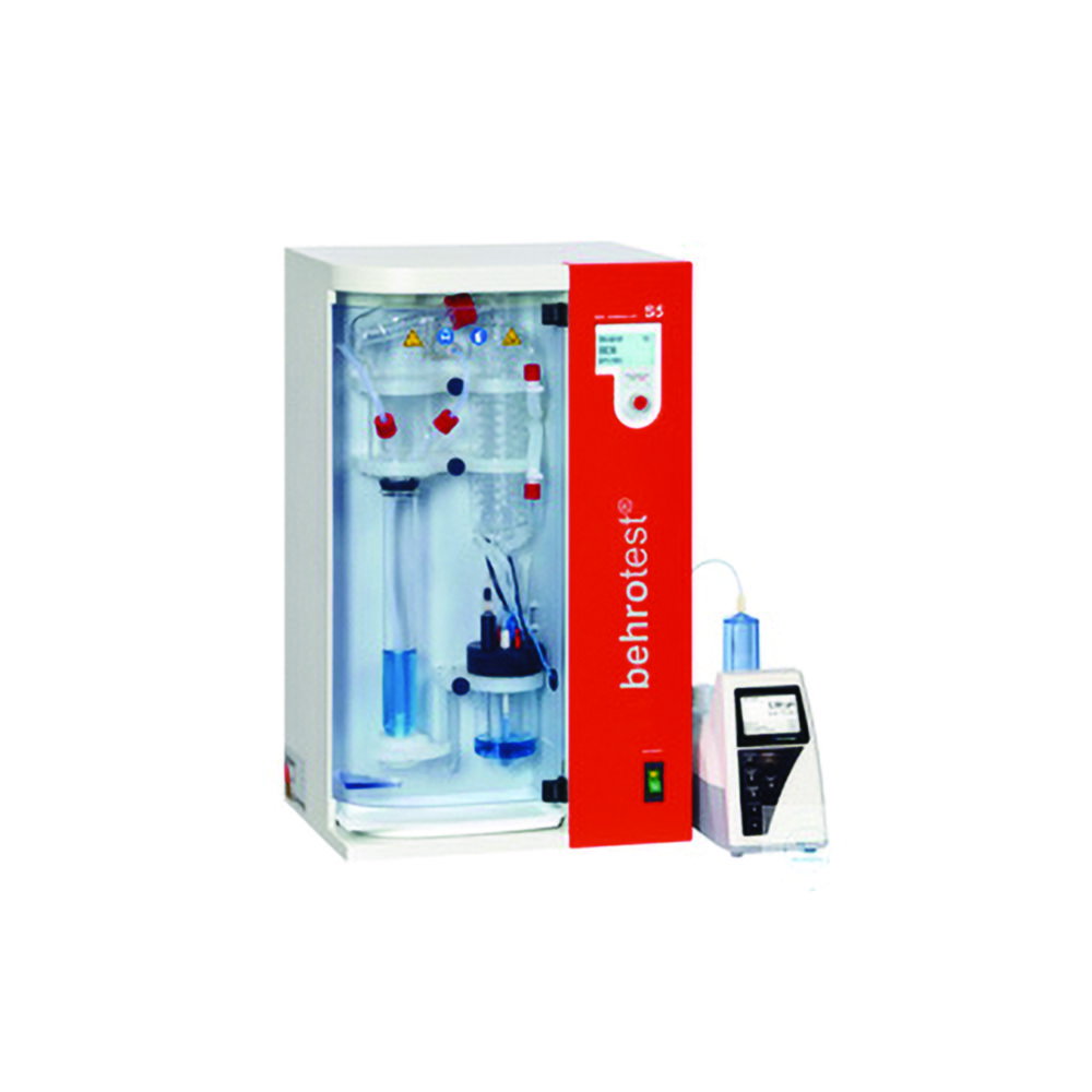 Wasserdampfdestillierer S 5 mit automatischer Zugabe von NaOH und H2O und H3BO3 mit automatischer Absaugung der Probenreste und mit 99 Programmen und einer Anschlussmöglichkeit für externen Titrator
