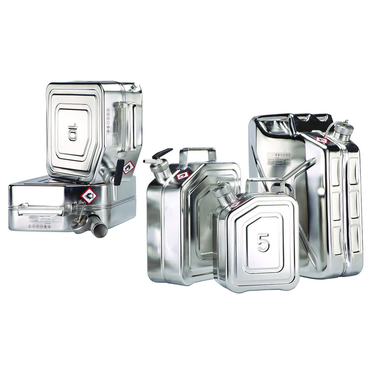 Safety canisters, stainless steel, with screw cap and pressure-relief valve