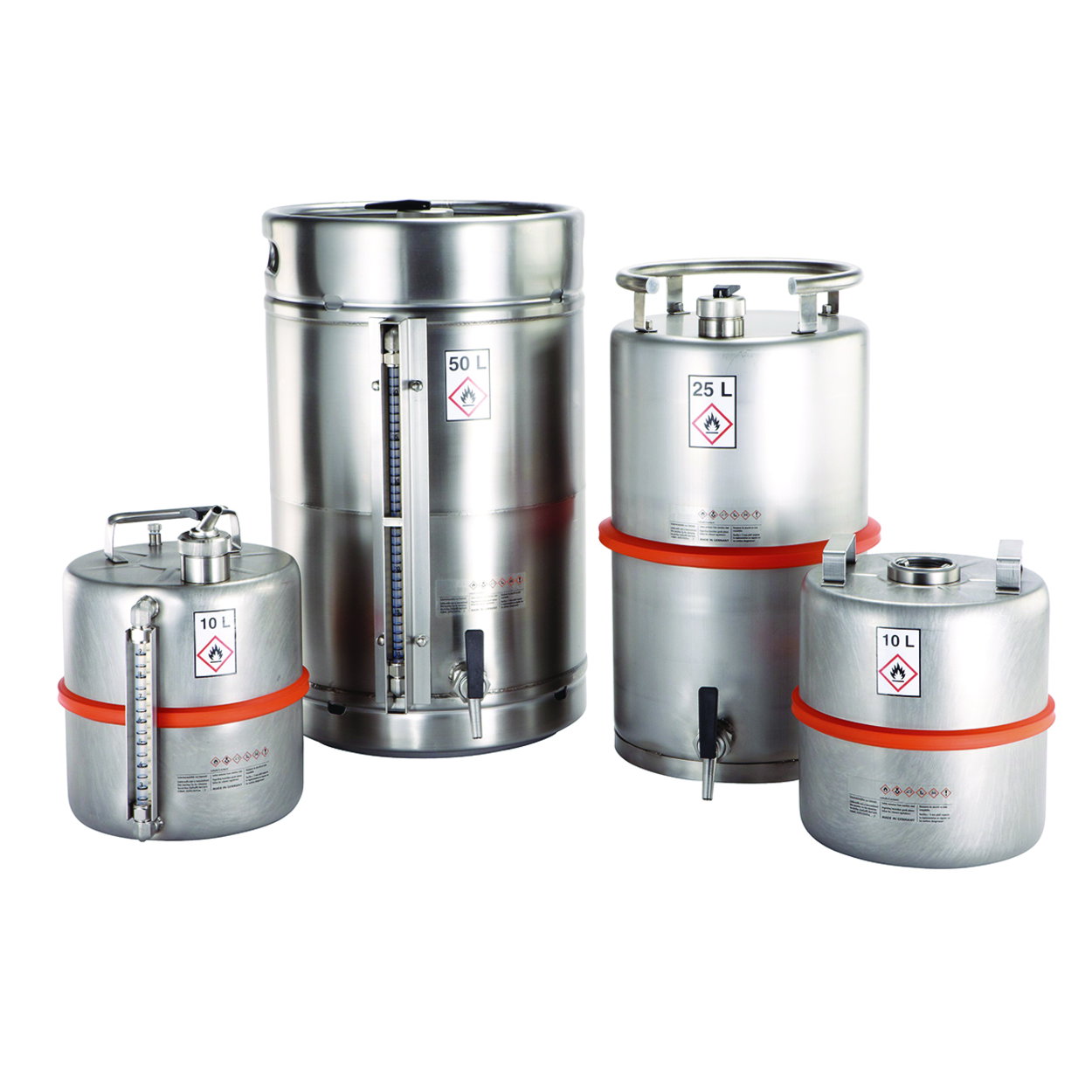 Safety storage containers, stainless steel, with screw cap, tap and pressure-relief valve
